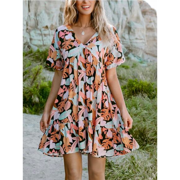 NEW Womens Cupshe Soft Tropics Short Sleeve Mini Dress Beach Vacation Floral M - Picture 2 of 6